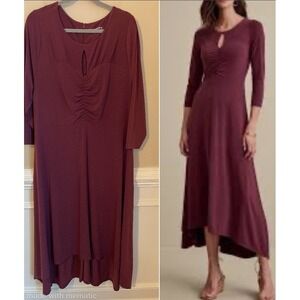 Soft Surroundings 2X Monica Knit Burgundy Maxi Dress Keyhole Neck 3/4 Sleeve